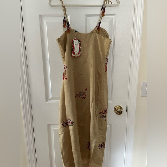 FARM Rio x Anthropologie Tan Embroidered Linen Blend Midi Dress NEW small - Picture 14 of 15